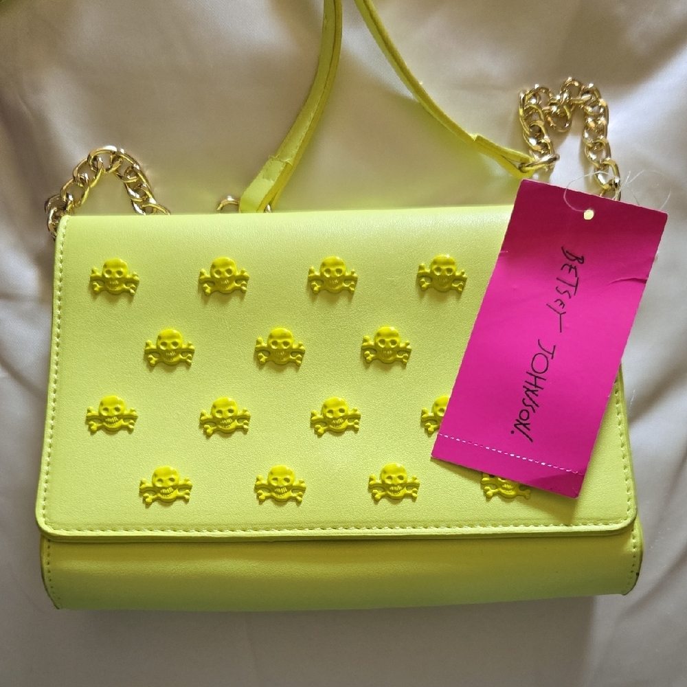 Betsey Johnson Safety Yellow/green Skull Embellished Handbag